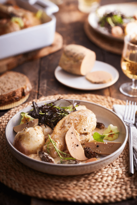 Foie Gras & Poulet aux morilles, carottes et navets 