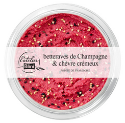 A valoir pour l'achat d'un tartinable Betteraves rouges cultivées en Champagne, Chèvre crémeux & pointe de framboise 175g de l'atelier Blini.