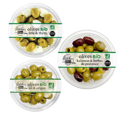 1,00€ de réduction sur Gamme Olives Bio l'atelier Blini 150g : ail & origan, basilic, feta & thym, herbes de Provence.
