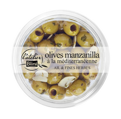 0,70€ de réduction sur Olives Manzanilla Méditérranéenne Ail & Fines Herbes l'atelier Blini.